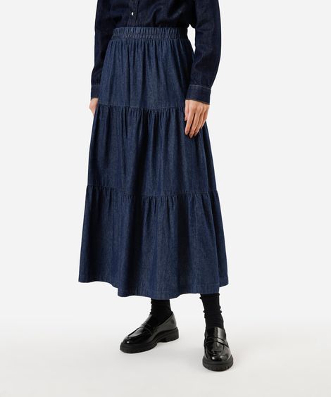 saia midi feminina jeans com recortes cós elástico azul