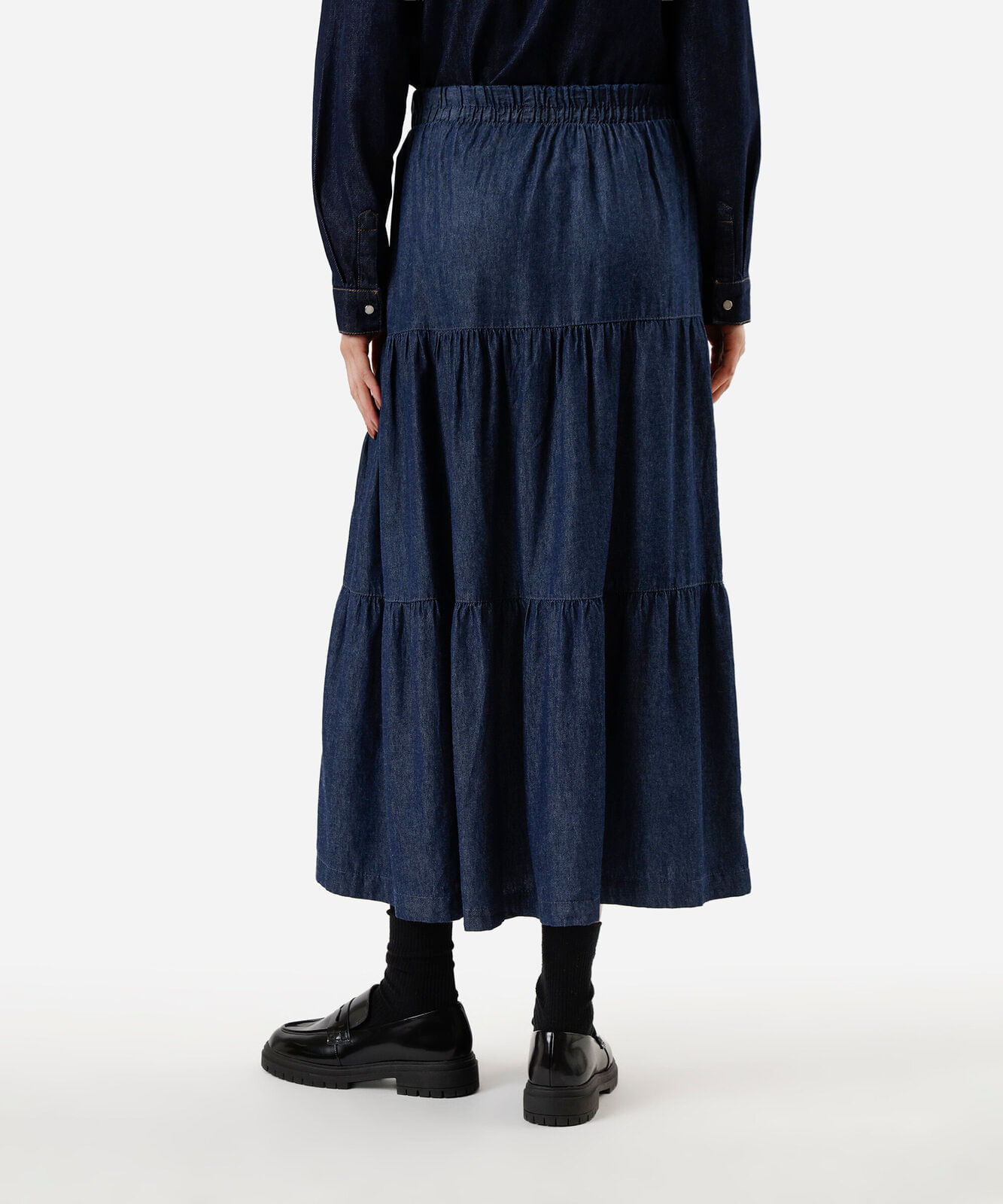 saia midi feminina jeans com recortes cós elástico azul