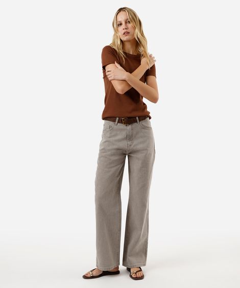 calça wide leg slim feminina jeans cintura alta bege