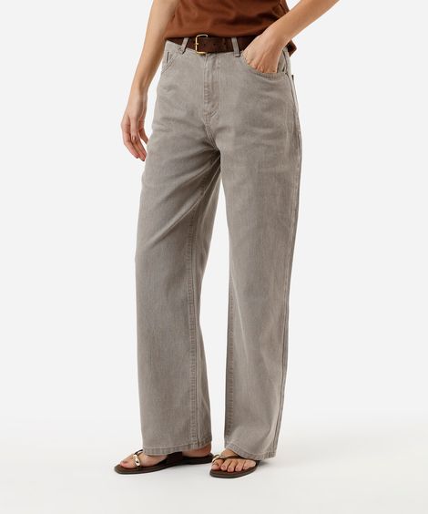 calça wide leg slim feminina jeans cintura alta bege