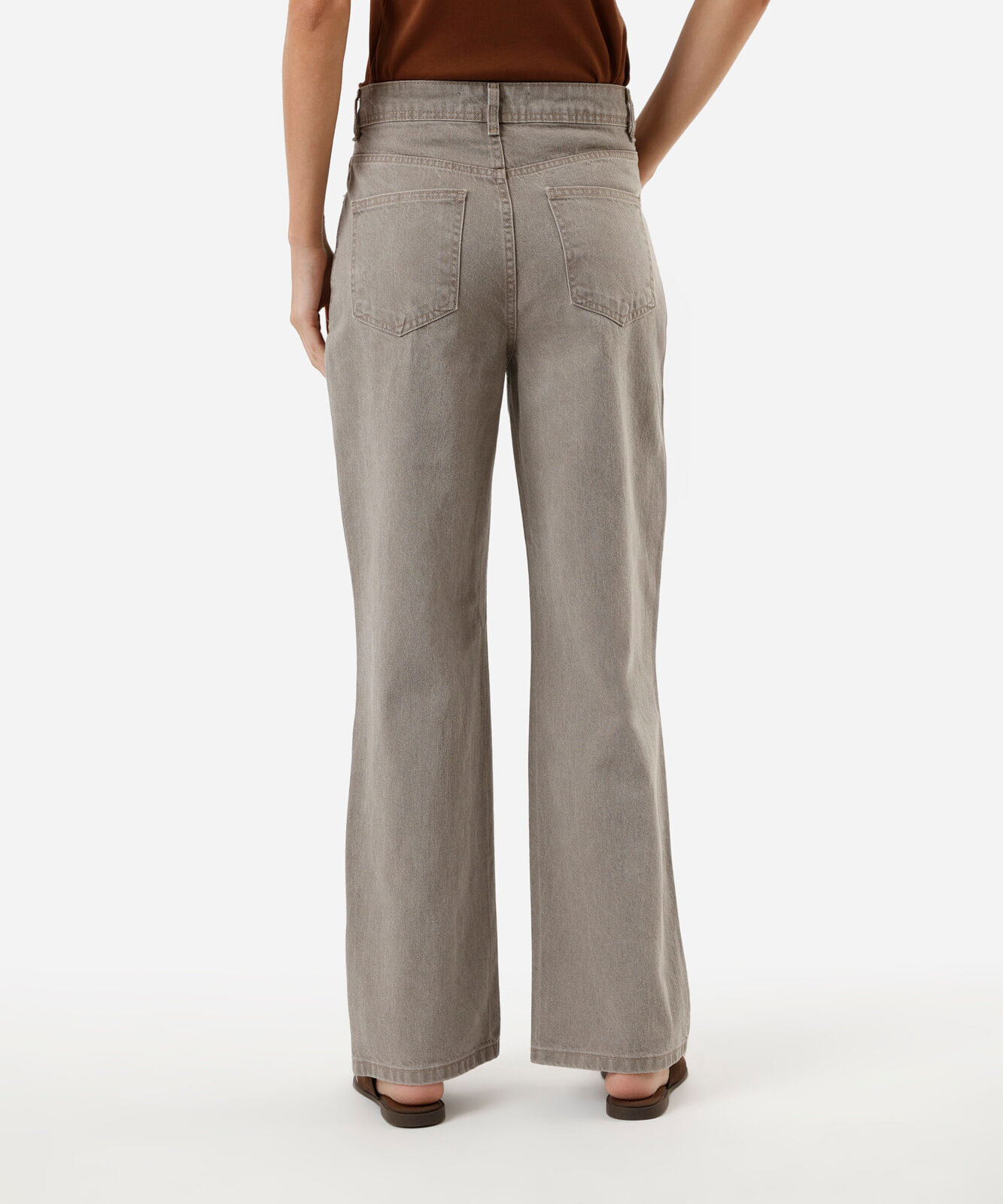 calça wide leg slim feminina jeans cintura alta bege