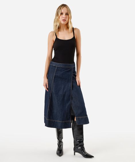 saia midi feminina jeans com fenda azul