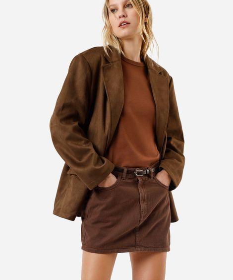 minissaia feminina de sarja com cinto marrom