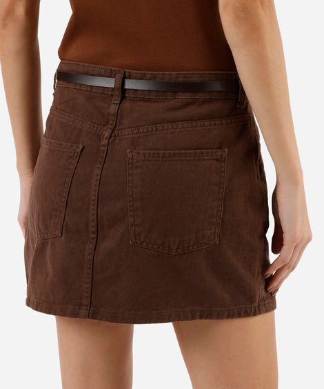 minissaia feminina de sarja com cinto marrom