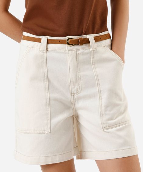 bermuda feminina de sarja  cintura alta com cinto bege
