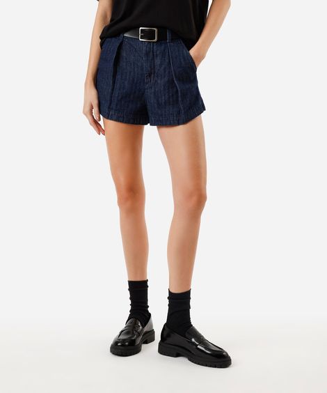 short feminino jeans com pregas listrado azul