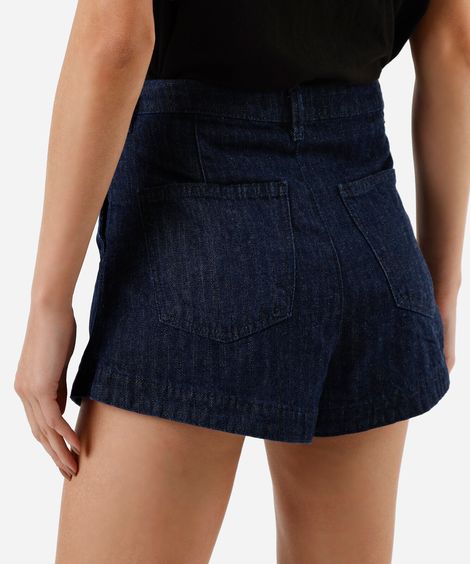 short feminino jeans com pregas listrado azul