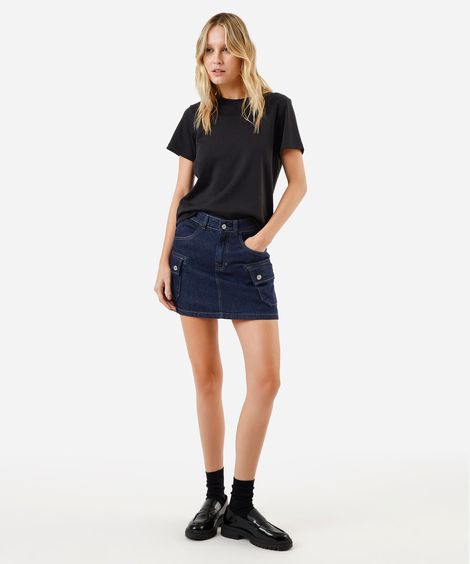 short saia cargo feminino jeans cintura alta azul