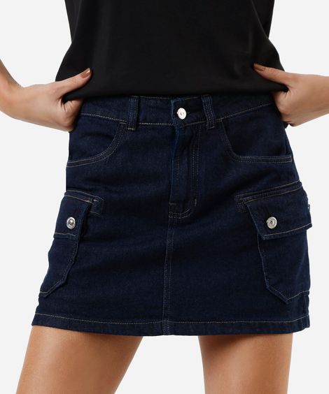 short saia cargo feminino jeans cintura alta azul