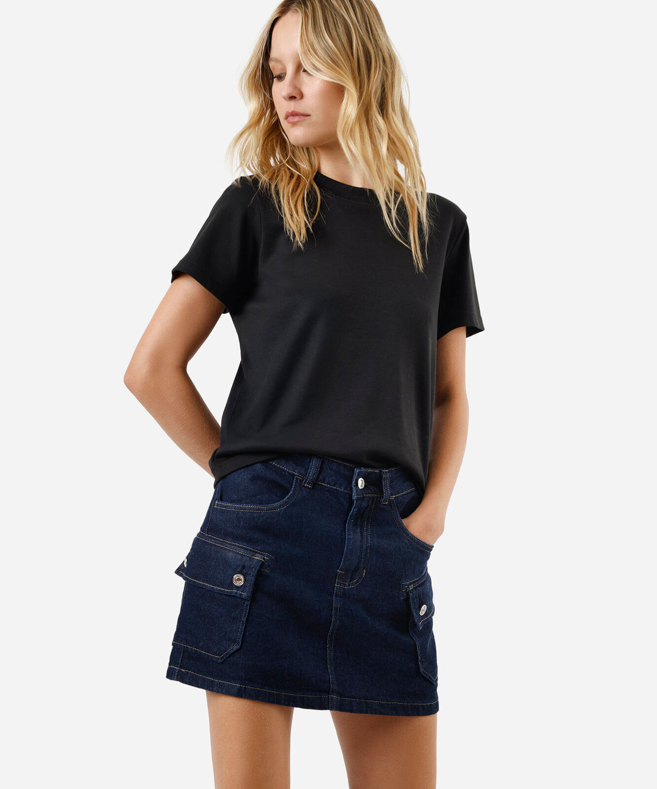 short saia cargo feminino jeans cintura alta azul
