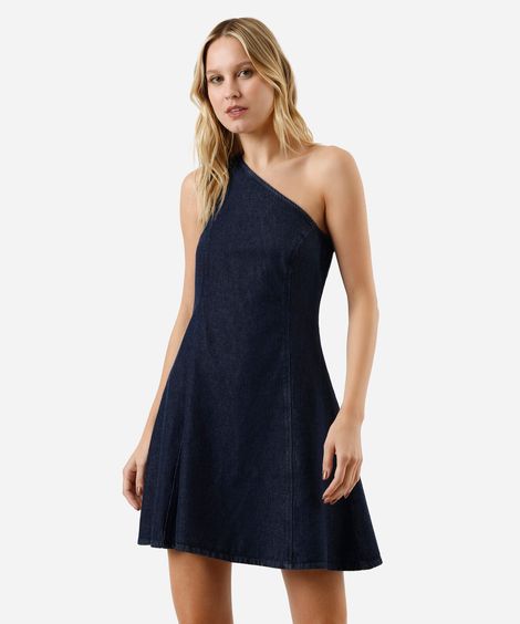 vestido curto ombro único feminino jeans com recorte azul