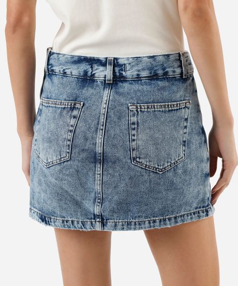 short saia jeans cintura alta com fenda azul