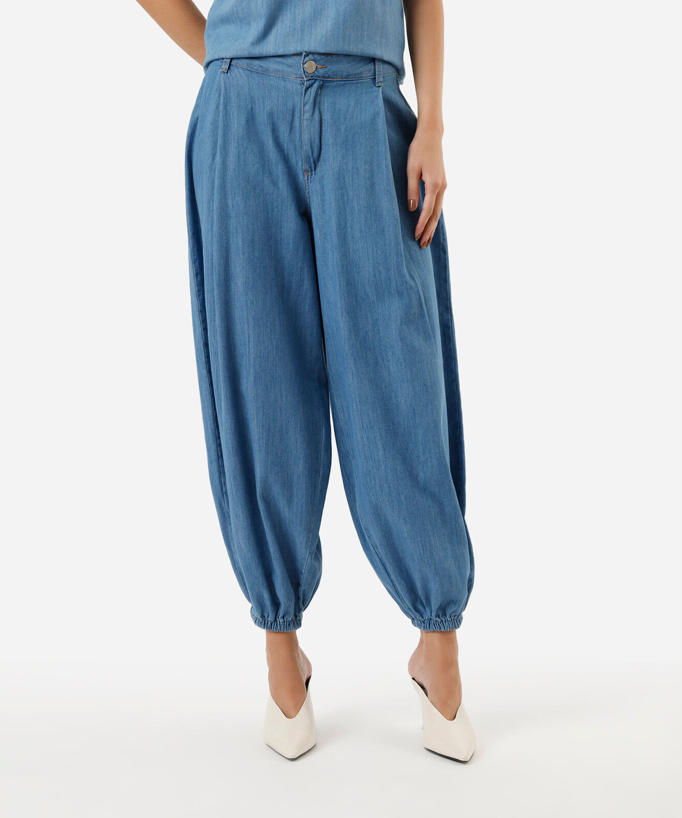 calça aladim feminina jeans com pregas azul