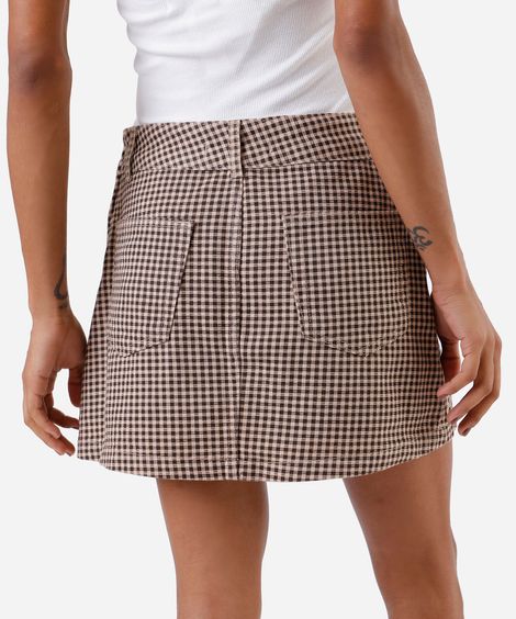 short saia feminino de sarja com fendas xadrez marrom