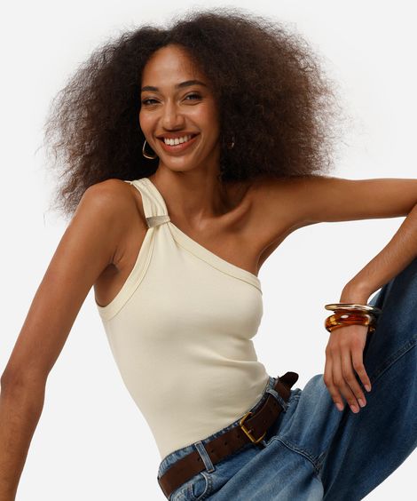 blusa ombro único feminina de algodão com fivela canelada amarela