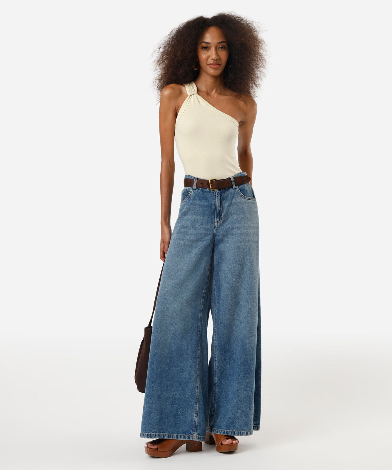 blusa ombro único feminina de algodão com fivela canelada amarela