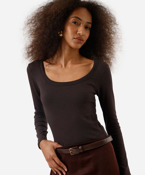 blusa básica feminina de algodão manga longa marrom