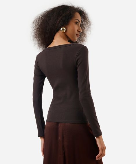 blusa básica feminina de algodão manga longa marrom