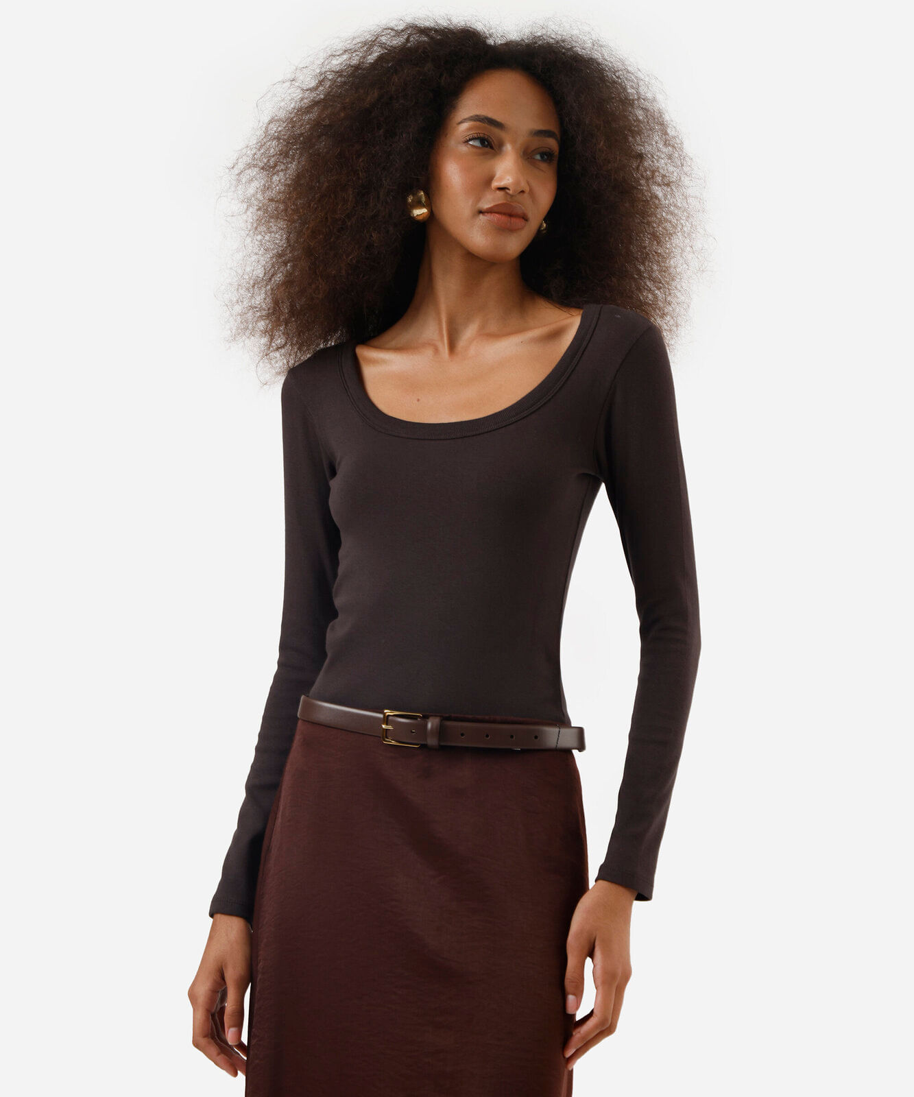 blusa básica feminina de algodão manga longa marrom