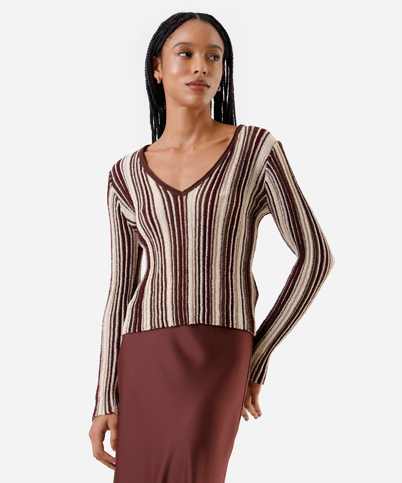 blusa feminina decote v texturizada listrada colorida