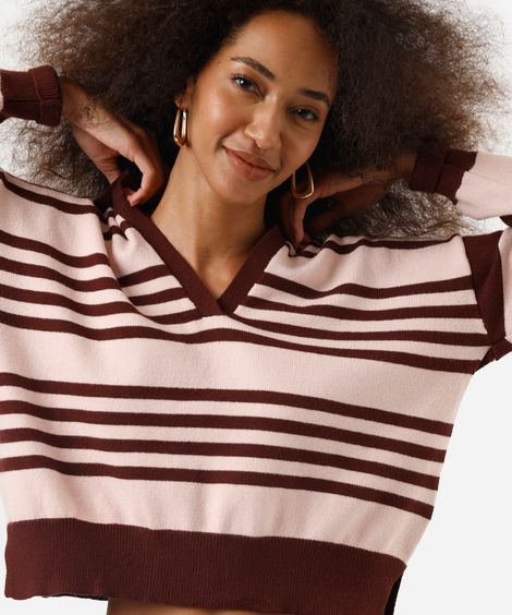 suéter feminino de tricot com gola decote v listrado marrom