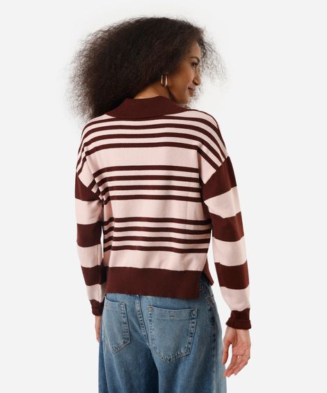 suéter feminino de tricot com gola decote v listrado marrom