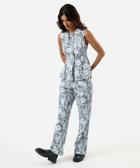 calça wide leg slim feminina de sarja floral off white