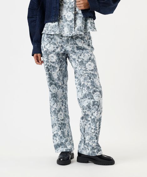 calça wide leg slim feminina de sarja floral off white