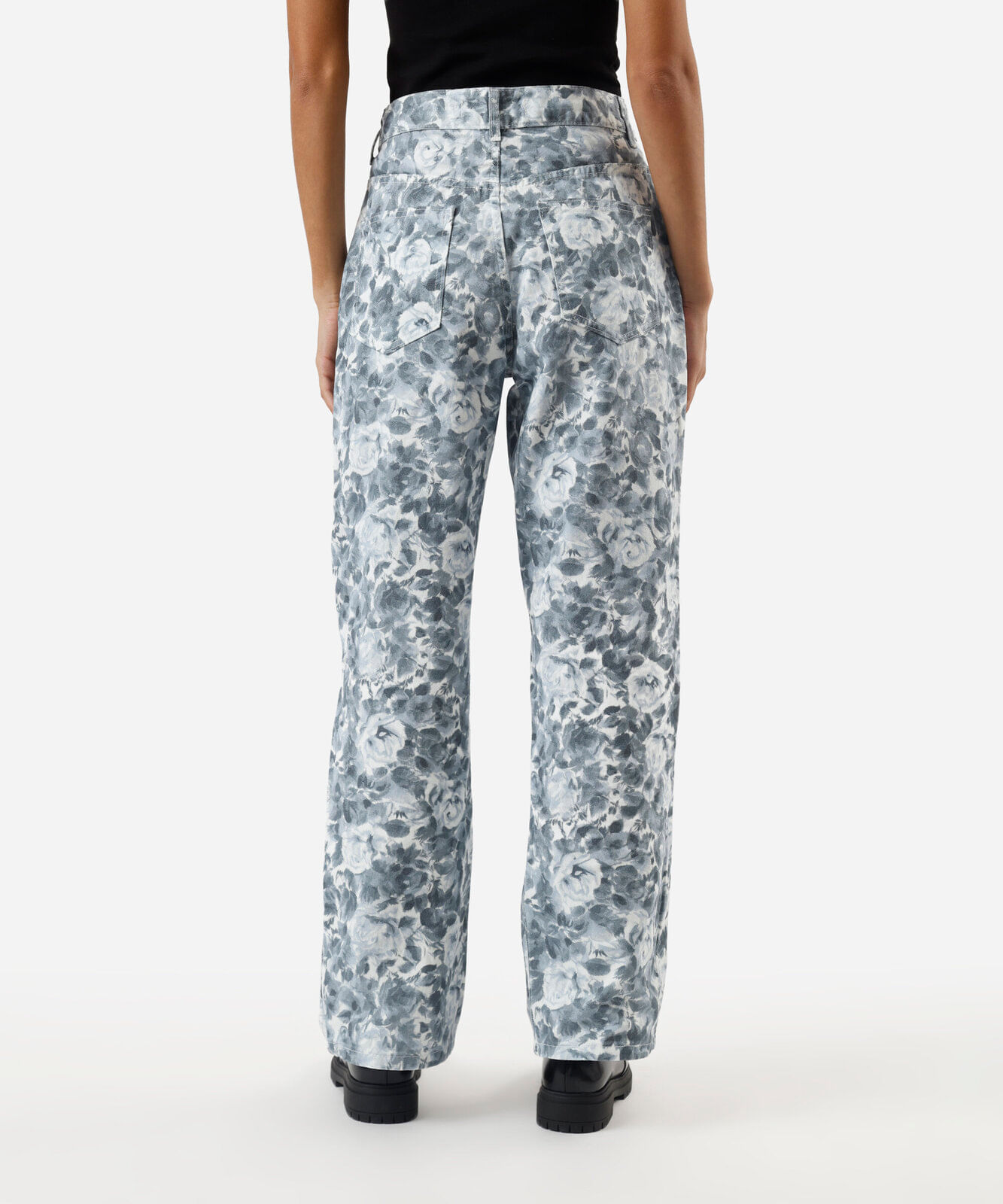calça wide leg slim feminina de sarja floral off white