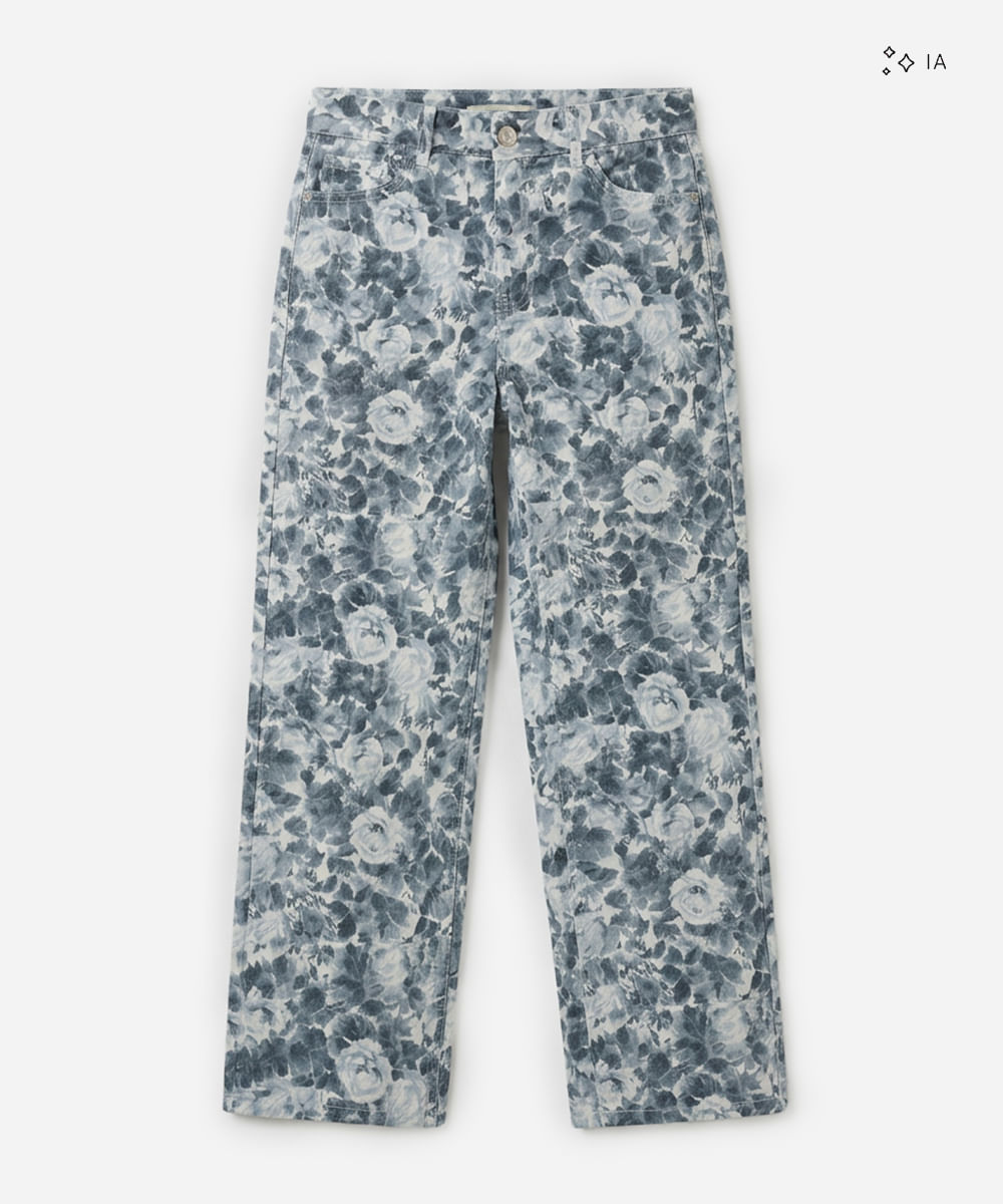 calça wide leg slim feminina de sarja floral off white