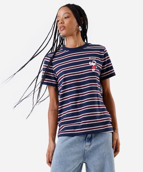 camiseta feminina com algodão snoopy listrada azul