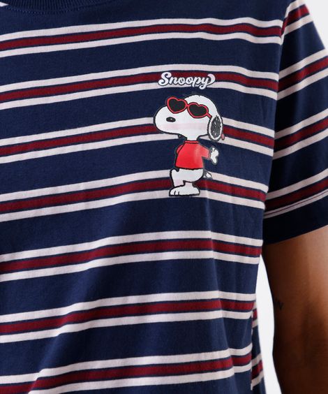 camiseta feminina com algodão snoopy listrada azul