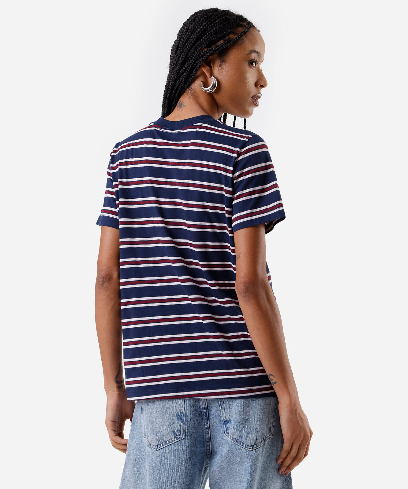 camiseta feminina com algodão snoopy listrada azul