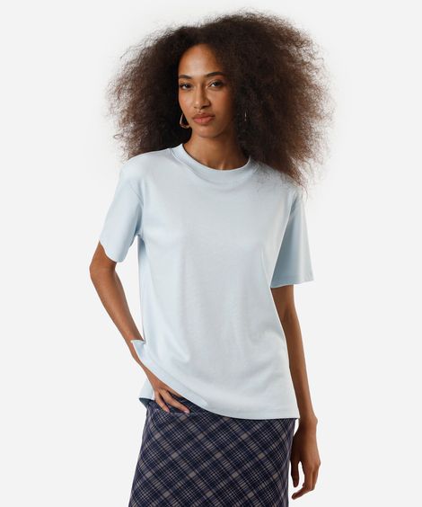 camiseta básica feminina de algodão peruano oversized com fendas azul
