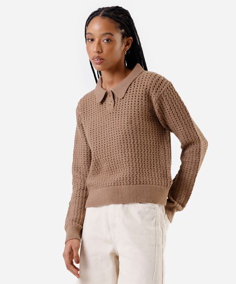 suéter feminino de tricot com gola texturizado bege