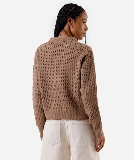 suéter feminino de tricot com gola texturizado bege