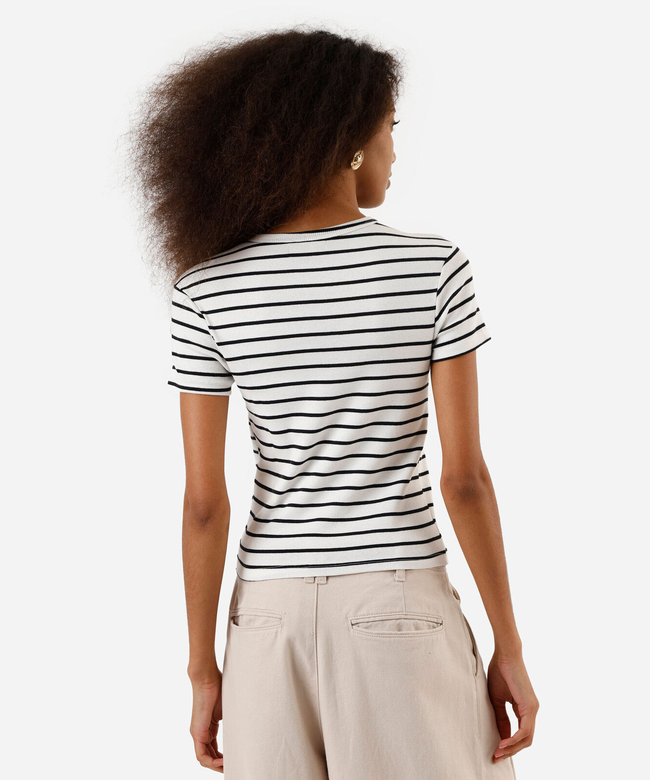 blusa baby look feminina com algodão canelada listrada básica off white