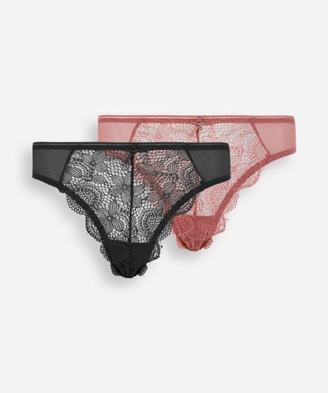 kit de 2 calcinhas fio dental feminina com renda floral colorido