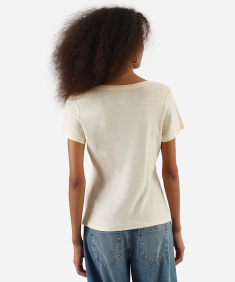 blusa básica feminina de algodão peruano manga curta decote v bege
