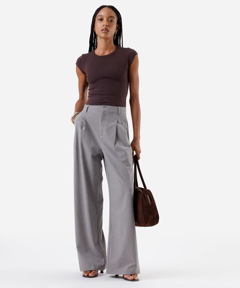 calça wide leg feminina com pregas xadrez  azul