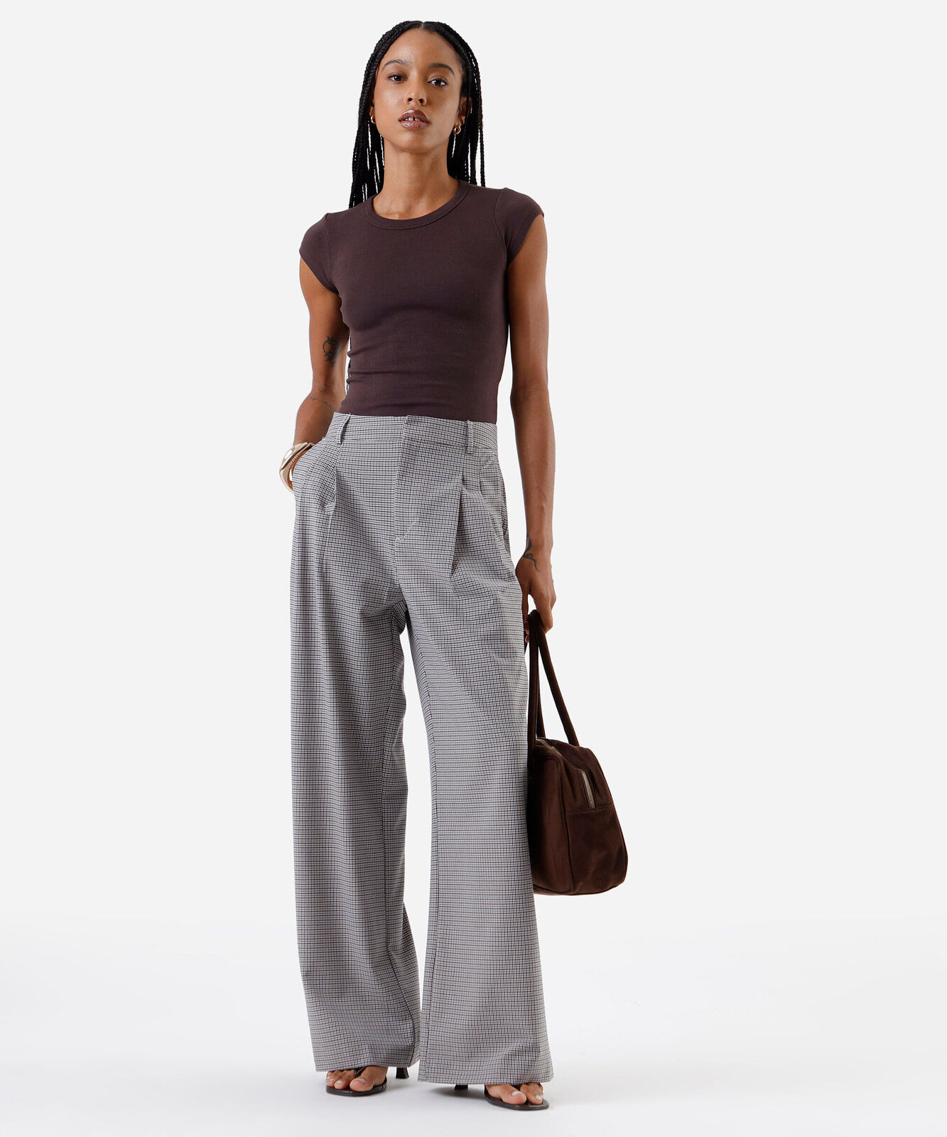 calça wide leg feminina com pregas xadrez  azul