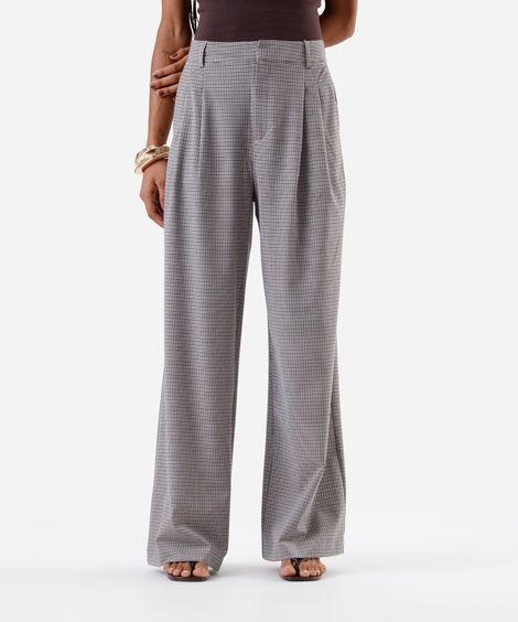 calça wide leg feminina com pregas xadrez  azul