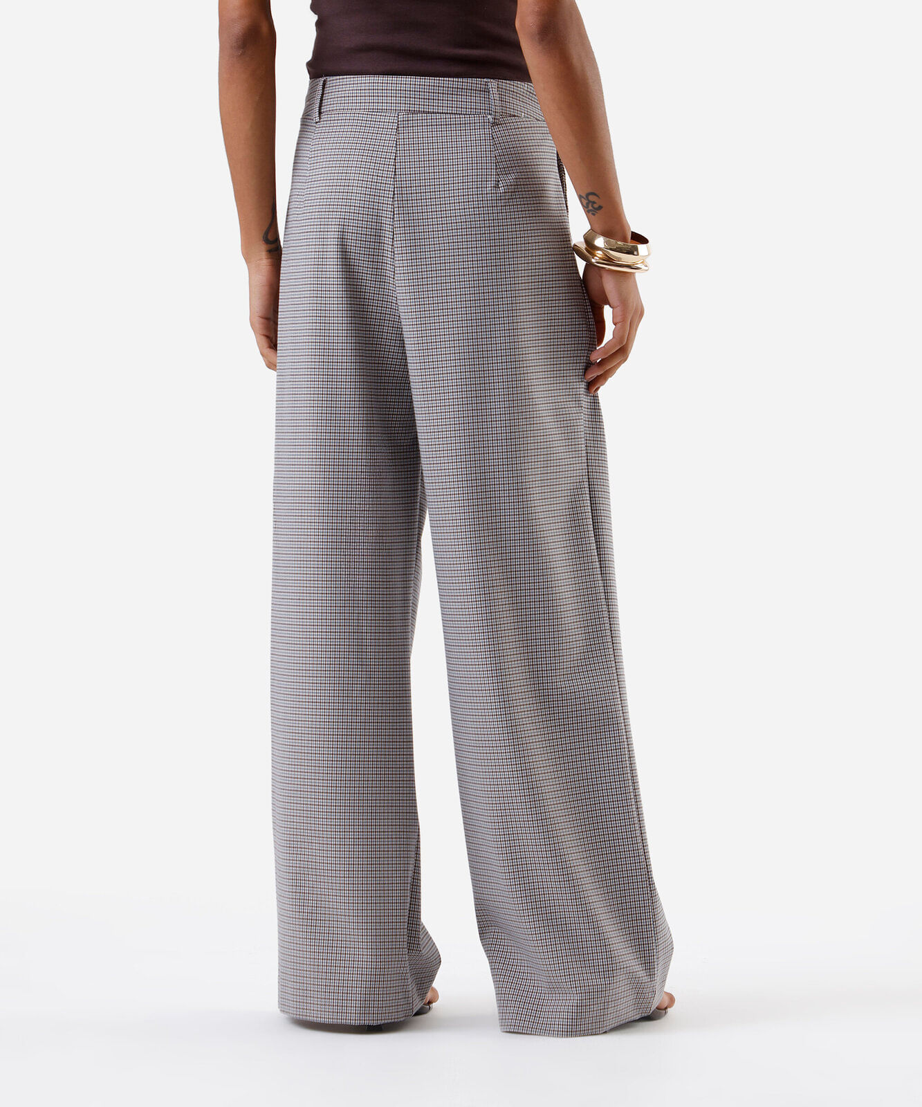 calça wide leg feminina com pregas xadrez  azul