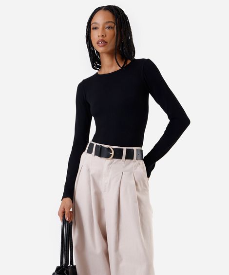 body feminino de poliamida manga longa canelado preta