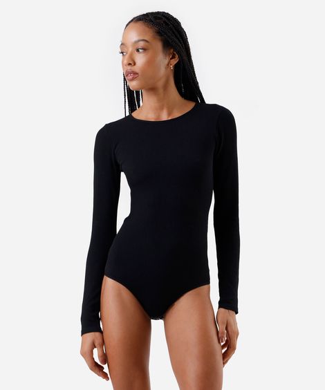 body feminino de poliamida manga longa canelado preta