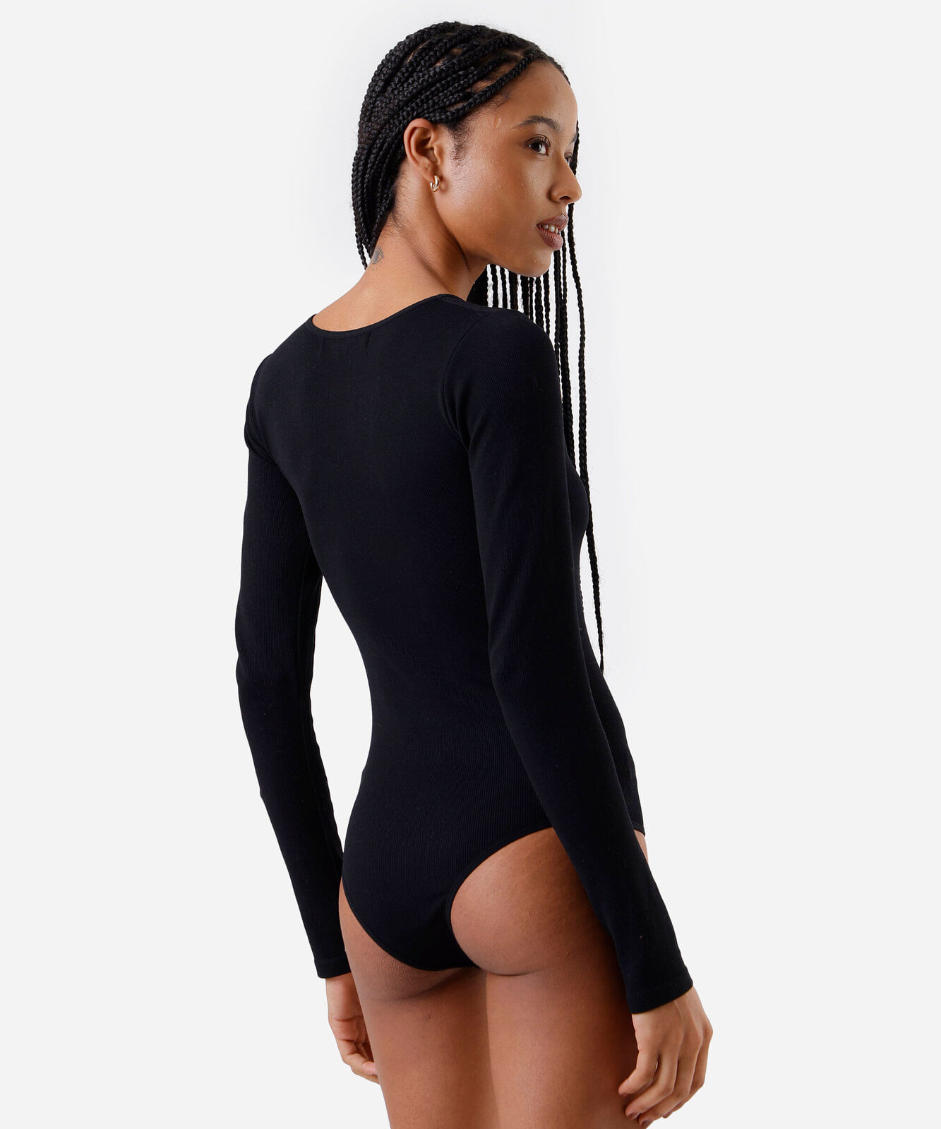 body feminino de poliamida manga longa canelado preta