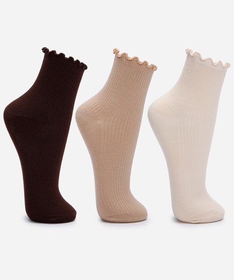 kit de 3 meias cano alto com frufru colorido