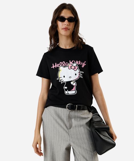 camiseta feminina de algodão hello kitty preto