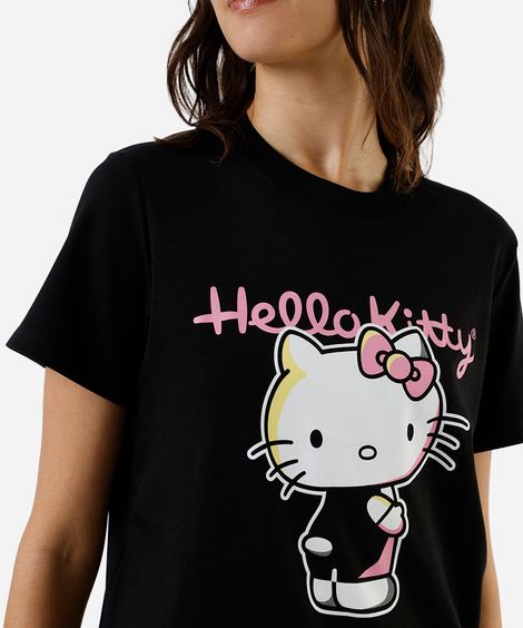 camiseta feminina de algodão hello kitty preto