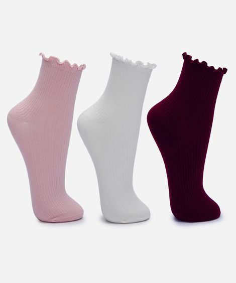 kit de 3 meias cano alto com frufru colorido